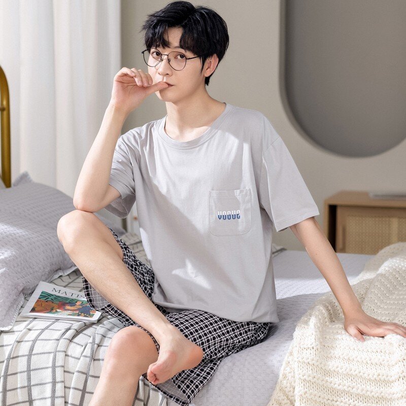 New Arrival Pajamas Men's Cotton Short-sleeved Summer Men's Teen Homewear 2-Piece Suit Breathable Casual Loungewear Homme