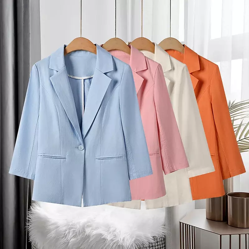 女性のためのスリムなリネンの小さなスーツ,スリムなジャケット,トップ,韓国のバージョン,0775-208