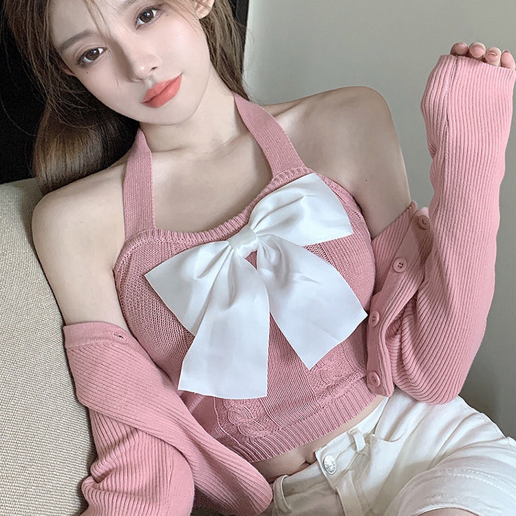Gadis Kawai Jepang Set 3 Buah Pink Sweetheart Bow Halter Tank Cardigan Atasan Rok Putih Sesuai Hotsweet Rok Lipit Setelan Y2K