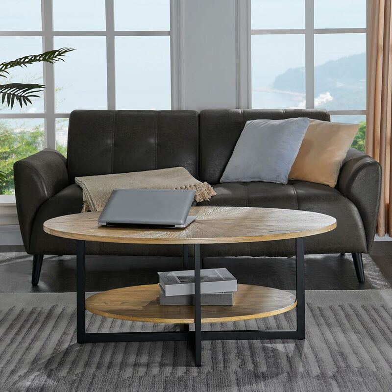 Ovaler Massivholz-Couch tisch mit gekreuzten Metall beinen, 43,3 in modernem industriellem Mittel tisch mit offenem Regal Cocktail-Tee tisch für