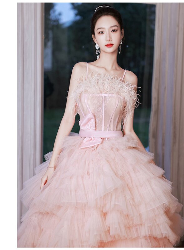 Retro Women's Prom Maxi Dresses Strap Sleeveless Sweet Feather Layered Cake Skirt Elegant Wedding Party Dress for Women Vestidos