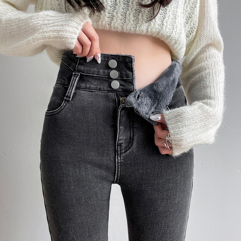 Jeans jeans de cintura alta feminina, calças harém, streetwear quente, moda coreana, outono, inverno, velo, mamãe, 2022
