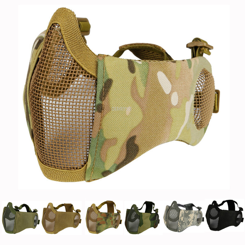 Máscara táctica de malla de red de acero de Metal para caza, media cara, protección para las orejas, Airsoft, Camuflaje, protector