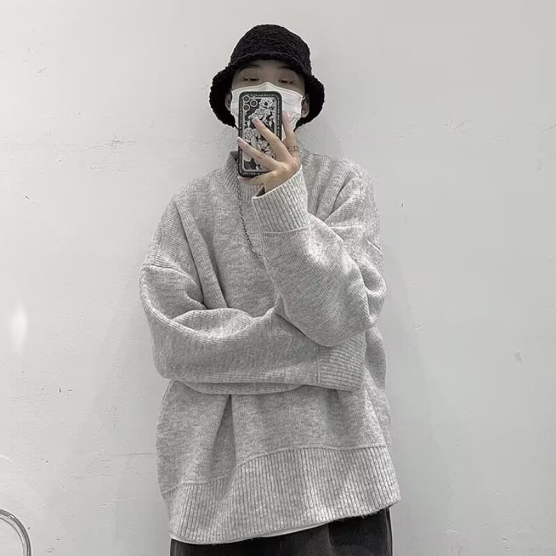 Sweaters Men Autumn Japanese Style Pullovers High Street Baggy Casual Chic All-match Mock Neck Males Knitwear Popular Fashion