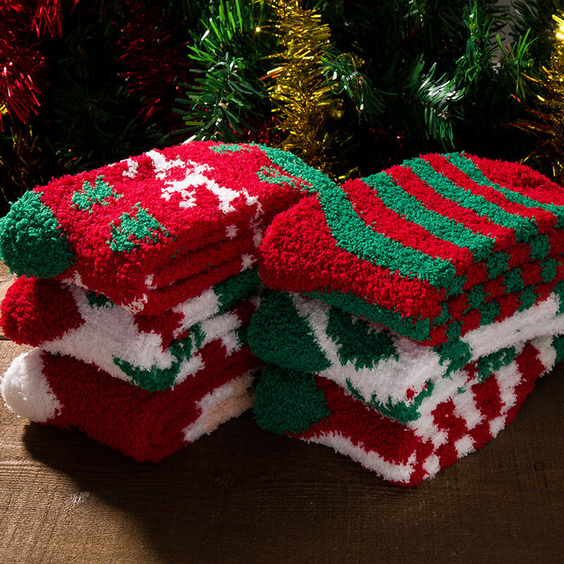 Cute Animal Design Deer Women's Socks Christmas Fluffy Coral Velvet Thickened Warm Winter Santa Tree Snowflake Elk