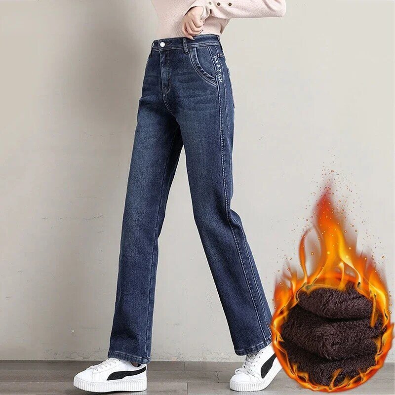 Calça jeans reta grossa de lã quente feminina, cintura alta, calça jeans retrô, calça de vaqueiro, moda clássica, inverno, nova