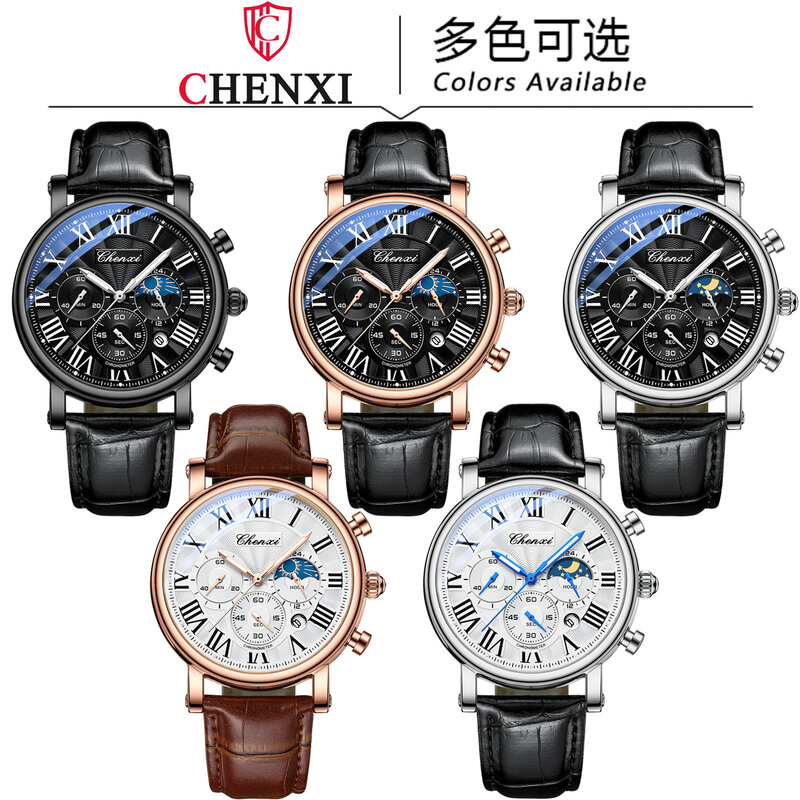 CHENXI 973 wielofunkcyjny biznes faza księżyca data wodoodporna rzym importowane mężczyźni zegarek analogowy Dial skórzane zegarki kwarcowe