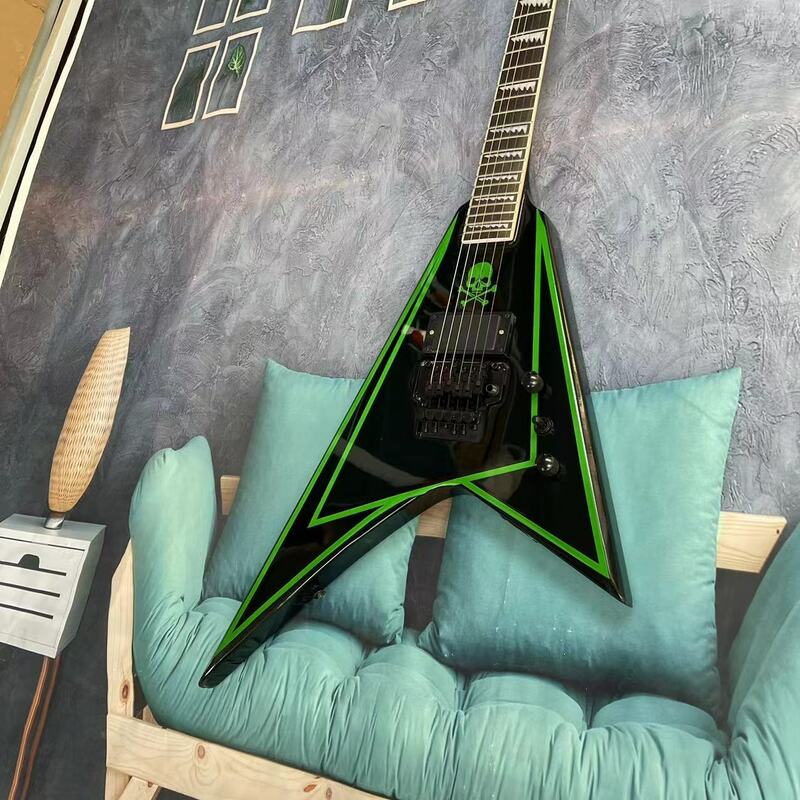 Guitarra elétrica de 6 cordas, corpo preto com listras verdes, escala de madeira rosa, trilha de bordo, fotos reais de fábrica, pode ser shipp