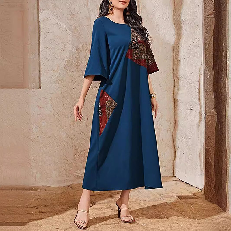 Vestido largo de retazos para mujer, Túnica Abaya musulmana, vestido de verano Vintage de manga larga con estampado Floral bohemio