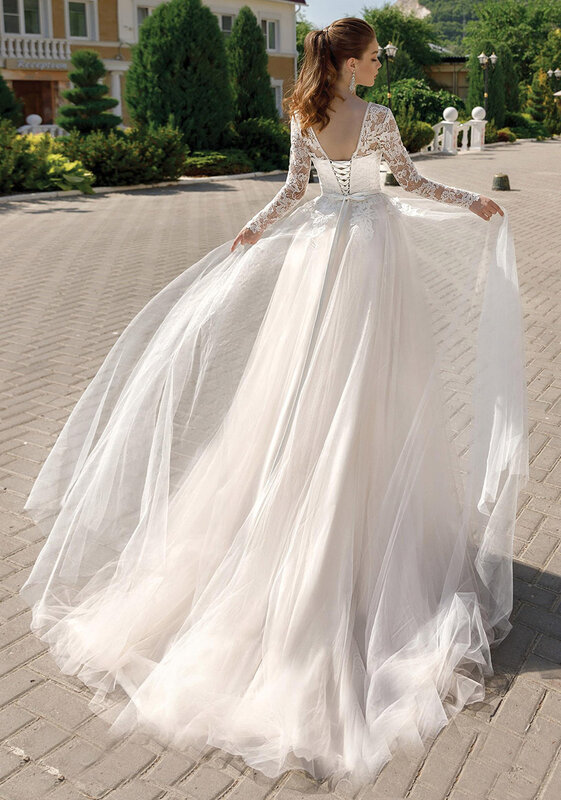 Haute Couture wunderschönes elfenbein weißes Brautkleid mit hochwertiger Stickerei Langarm Tüll rücken freie Schnürung vestido de noiva