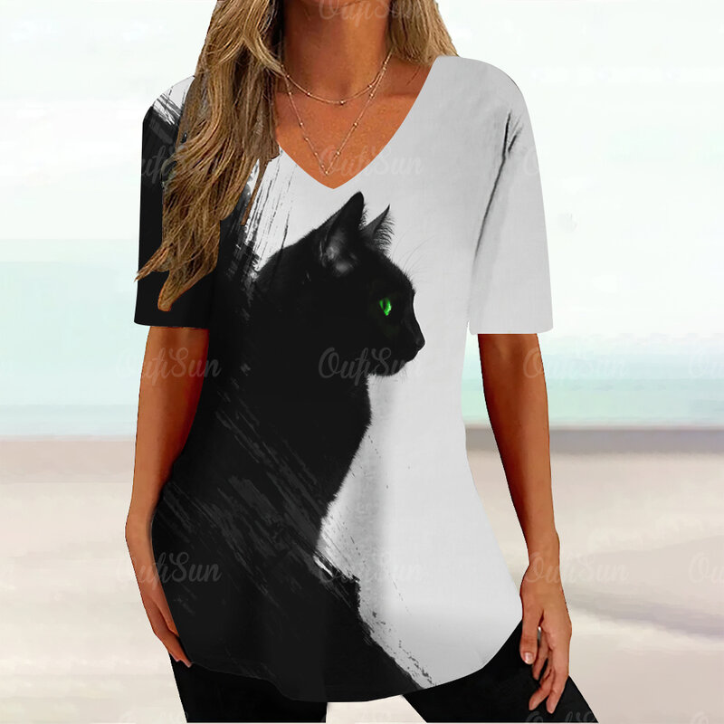 Kaus grafis kucing Kawaii untuk wanita atasan lengan pendek Harajuku gambar cetak lukisan Pullover V-Neck baju longgar wanita KAOS