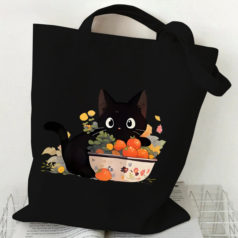 A vida é melhor com gatos e livros Sacola de lona para mulheres, Cute Cat Shopping Bags, Student Literary Book Shoulder Bag, Cartoon Handbag