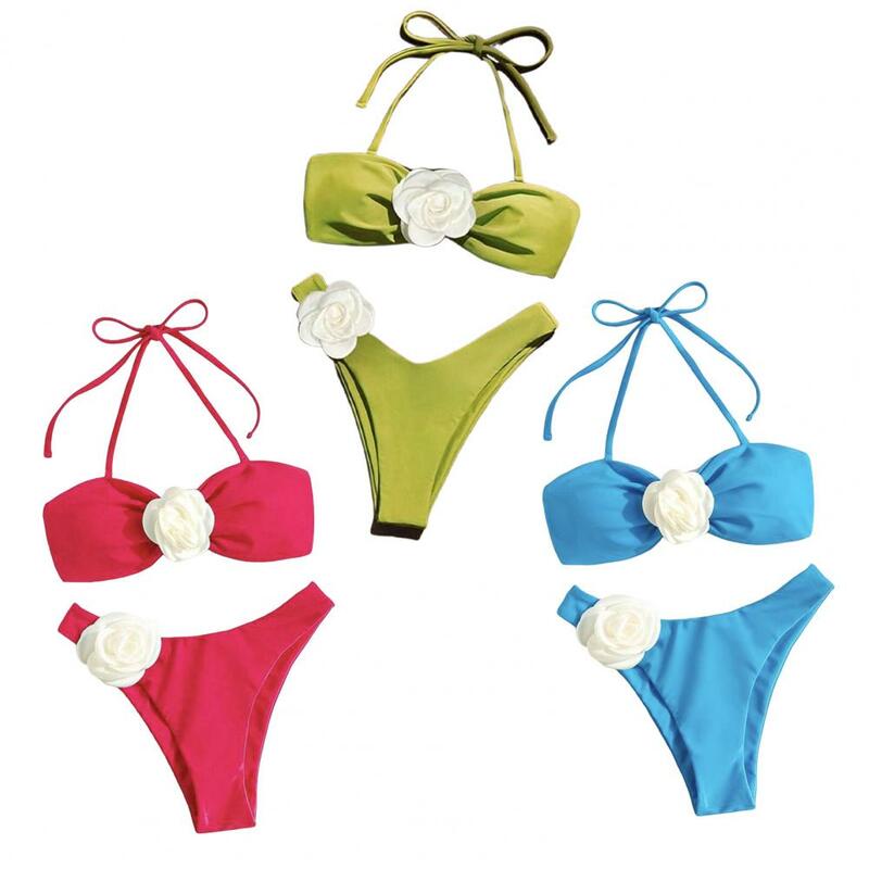 Ensemble de bikini sexy pour femme, fleur 3D, licou, banribbra, culotte taille haute, haut tubulaire, maillot de bain, maillots de bain trempés