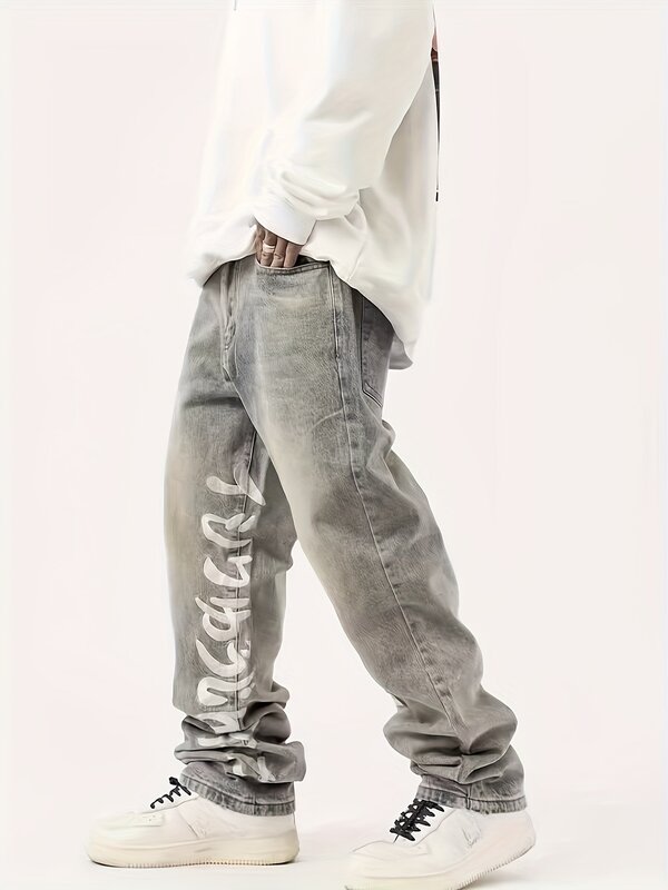 กางเกงยีนส์ celana JEANS Panjang กราฟฟิตีแบบลำลองของผู้ชาย MODE Korea ใหม่กางเกงยีนส์ขาตรงขากว้างสีพื้น