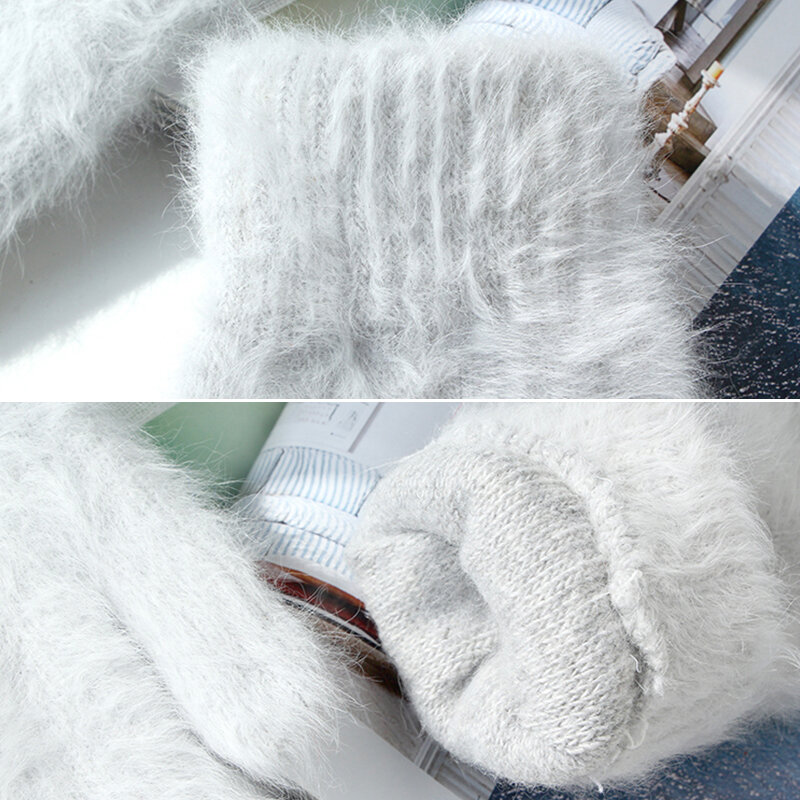 Mulheres luvas de inverno moda cor sólida engrossar quente feminino elástico dedos completos estudantes bonito macio luvas de lã de coelho t232