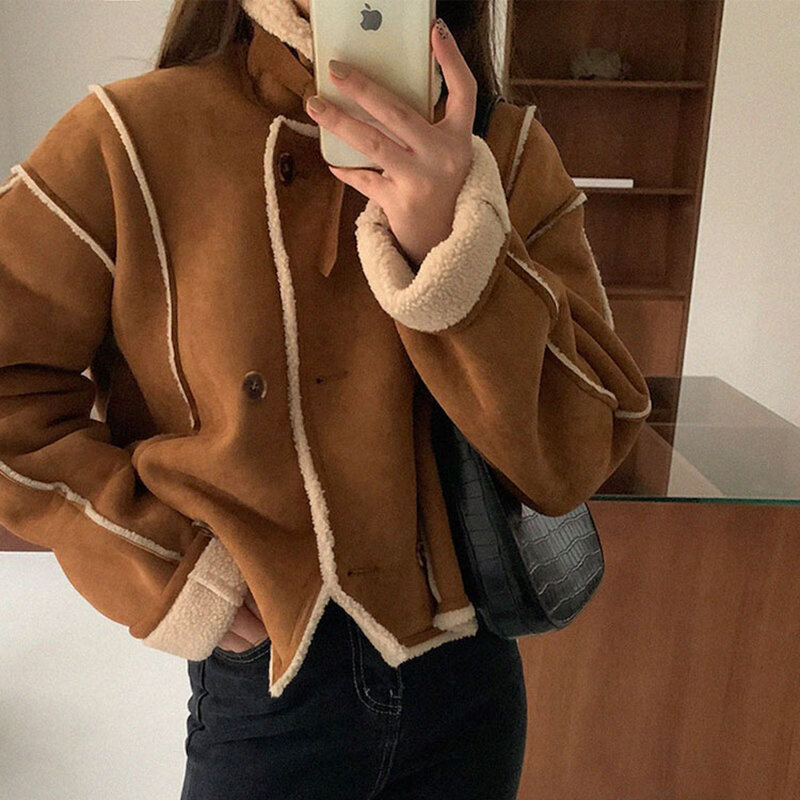 Suede Thick Coat For Women 2022 Autumn Warm Soft Loose Fur Jacket Female Outerwear Button Plush Ladies Casual Winter Overcoat