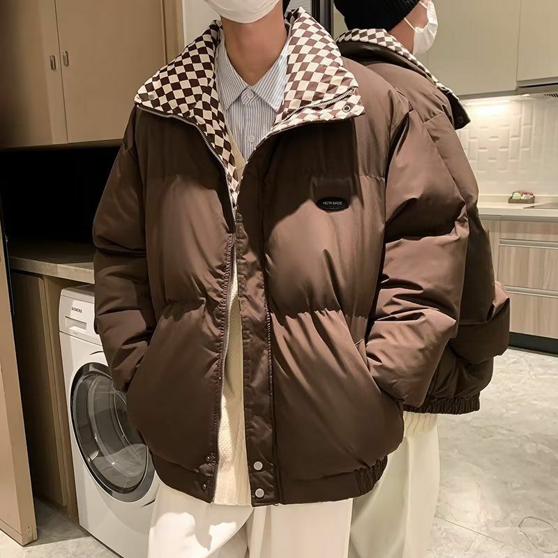 남성용 코튼 패딩 다운 재킷, 두꺼운 캐주얼 루즈 데일리 격자 무늬 다운 코트, 남성용 더블 쉐어 퍼퍼 재킷, 한국 겨울