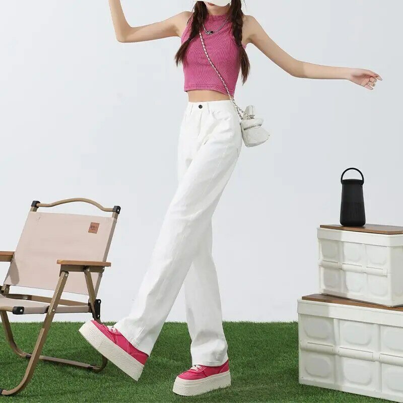 Jeans de perna reta solta edição coreana, calças largas na moda, branco, nova tendência, primavera e verão, 2024