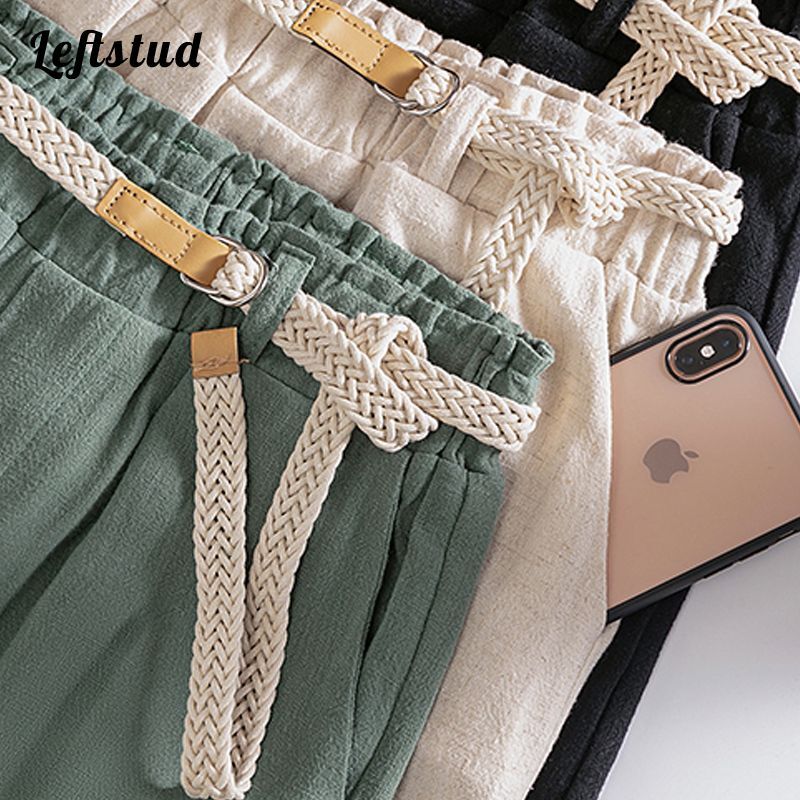 Pantalones rectos de algodón y lino para mujer, pantalón de pierna ancha de cintura alta elástica, a la moda coreana, longitud completa, 2022