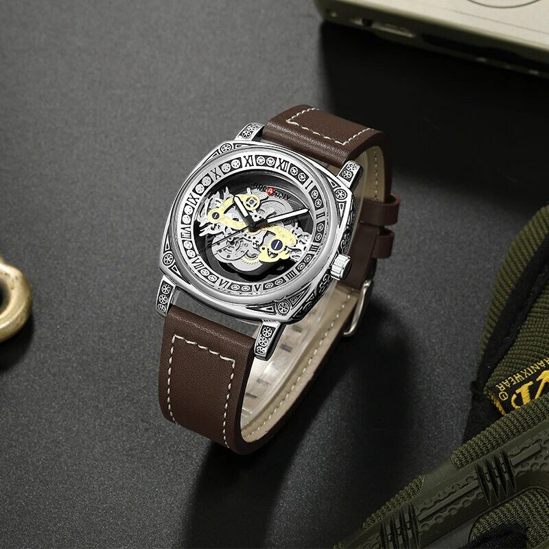 Luxury Watch for Men Hollow Retro Quartz Wristwatch Leather Band Mens Watches Luminous Hands with Chronograph Relogio Masculino
