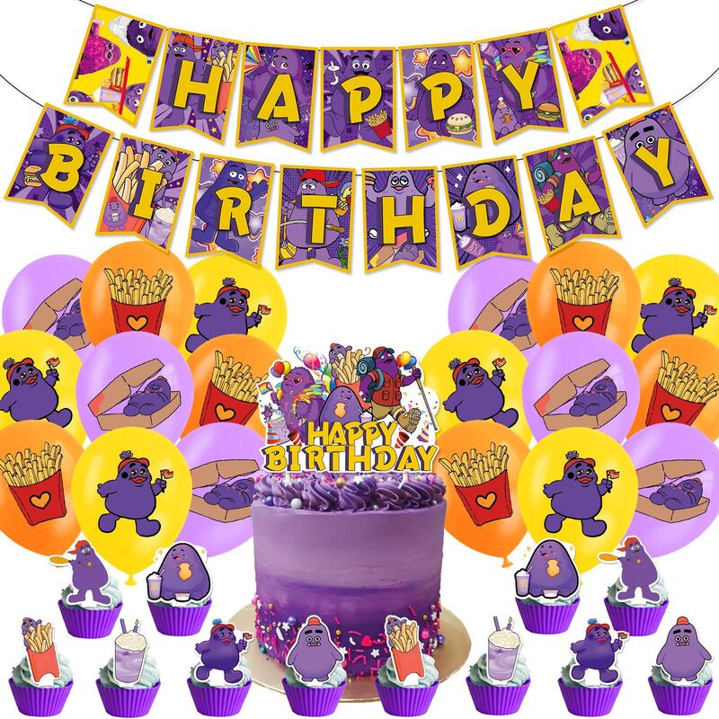 Grimace Shake Yellow Hat  Birthday Party Decorations Balloon Banner Backdrop Cake Topper Party Supplies Baby Shower