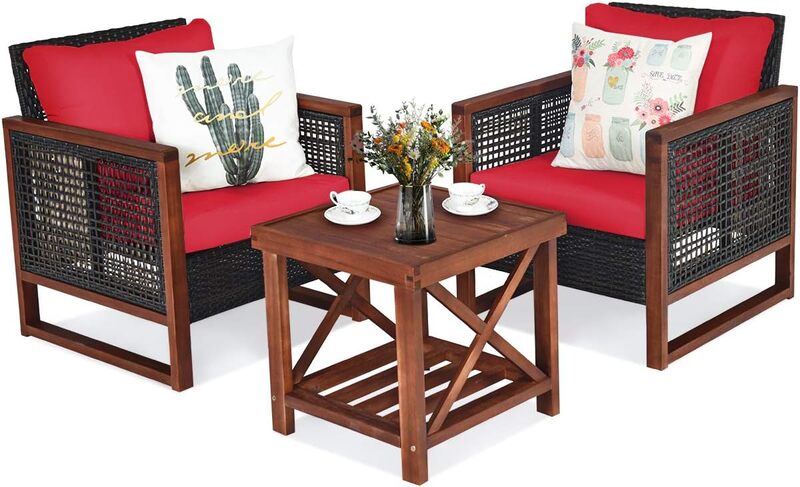 Patio Wicker Furniture Set, Rattan sofá ao ar livre, almofada lavável, mesa de café de madeira, conversa Bistro Set, 3 Pcs