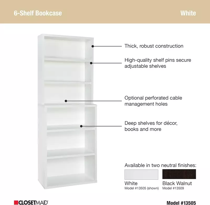 Bookshelf with 6 Shelf Tiers, Adjustable Shelves, Tall Bookcase Hutch, Sturdy Wood With Closed Back Panel, White Fini