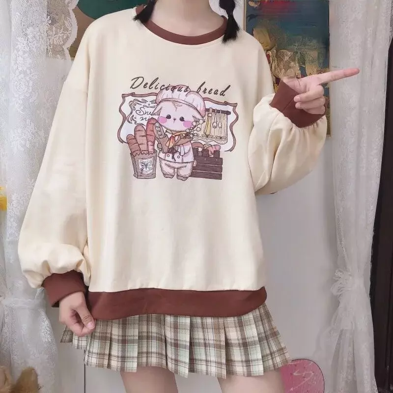 Women Cute Style Crew Neck Long Sleeve Loose Tops Kawaii Anime Sweatshirt Soft Girl Pullover 2024 Female Fashion Korean Jumper