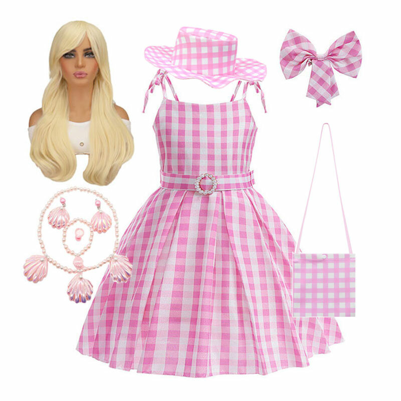 2024 Hot Movie Pink Plaid Costume Cosplay per ragazze Barbier abbigliamento per bambini Halloween Carnival Birthday Party Dress Up