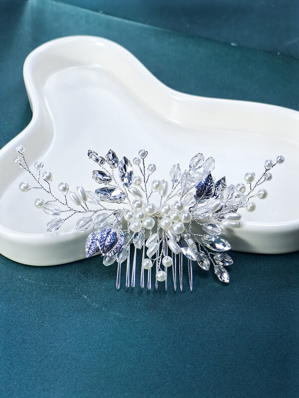 Pearl Silver Rhinestone Hair Comb para Mulheres e Meninas, Pedaço De Cabelo De Noiva, Flor De Cristal, Acessórios Do Casamento