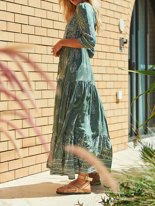 เดรสโบฮีเมียนแขนยาวพิมพ์ลายสีเขียวสำหรับผู้หญิงชุดเดรสแม็กซี่ทรงเอไลน์สำหรับปาร์ตี้คอกเทลชายหาด