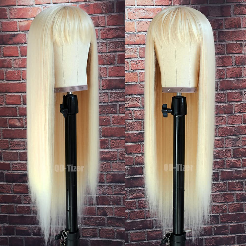 Wig rambut manusia lurus 613 dengan poni untuk wanita renda Frontal 100% Wig Cosplay rambut manusia prepked Wig tanpa lem siap untuk dipakai