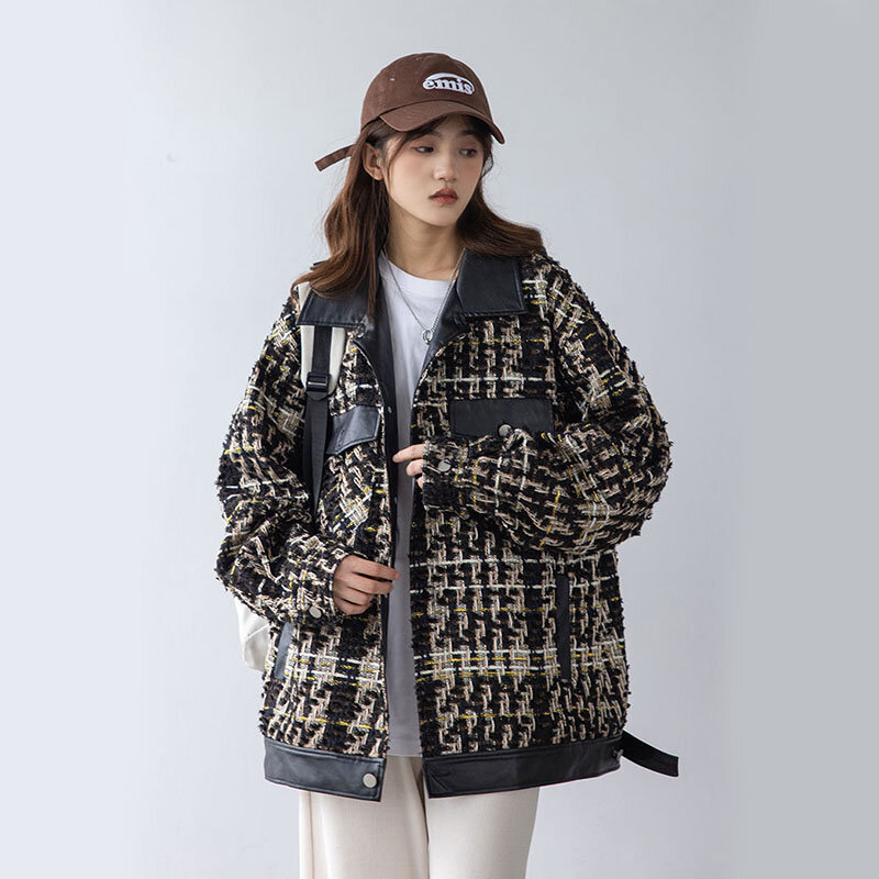 Autumn Winter Weave Women Jacket Vintage Loose Woolen Houndstooth Coat Korean Streetwear Pu Spliced Lapel All-Match Jackets