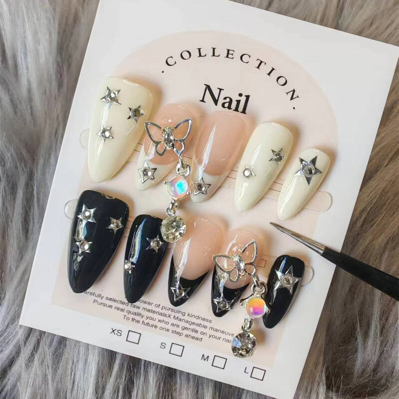 10Pcs Black Almond Handmade Press On Nails Full Cover Pearl Mini Flower Design Fake Nail Sztuczny Manicure Wearable Fake Nails