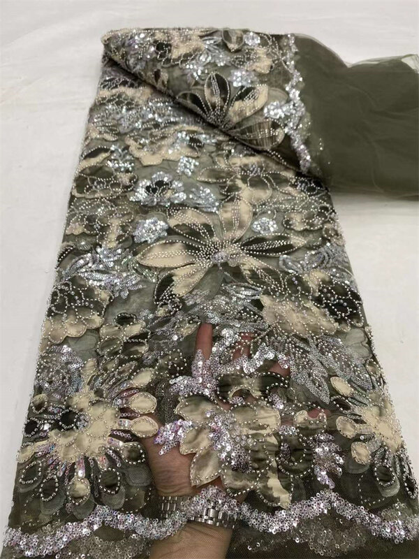 Tela de encaje de tul nigeriano africano de alta calidad con lentejuelas, tela de encaje con cuentas hechas a mano, vestidos de graduación, cuentas, 5 yardas, 2024