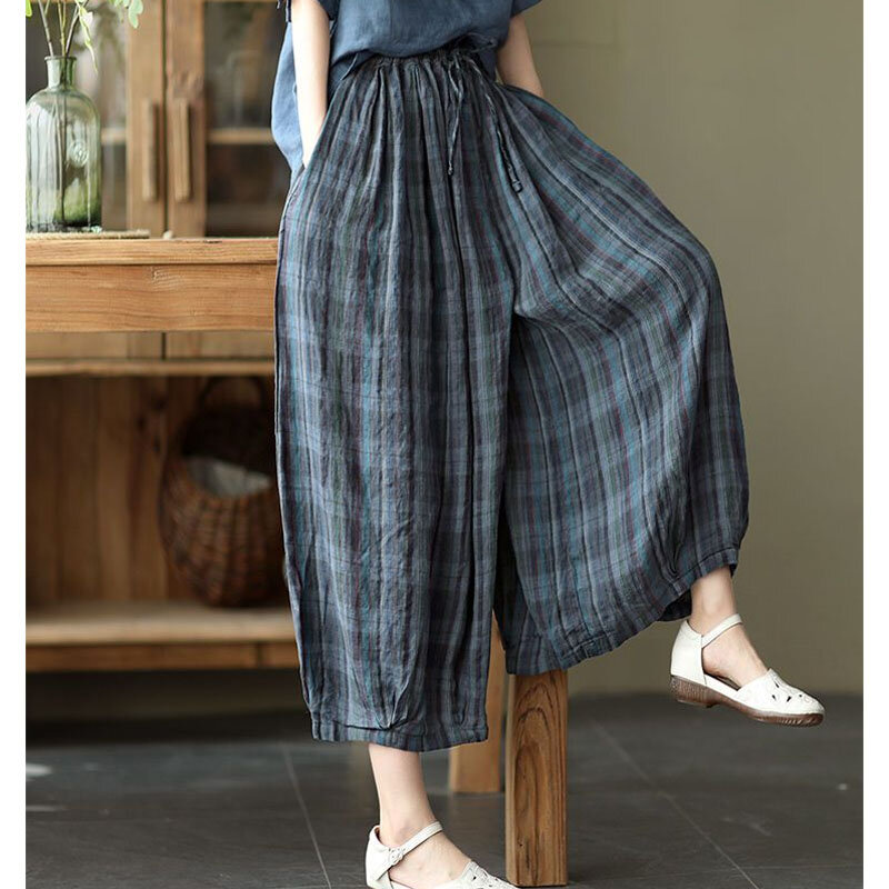 Female Vintage Fashion Plaid Printed Drawstring Trousers Summer Women's Clothing Elastic Waist Wide Leg Casual Cropped Pants