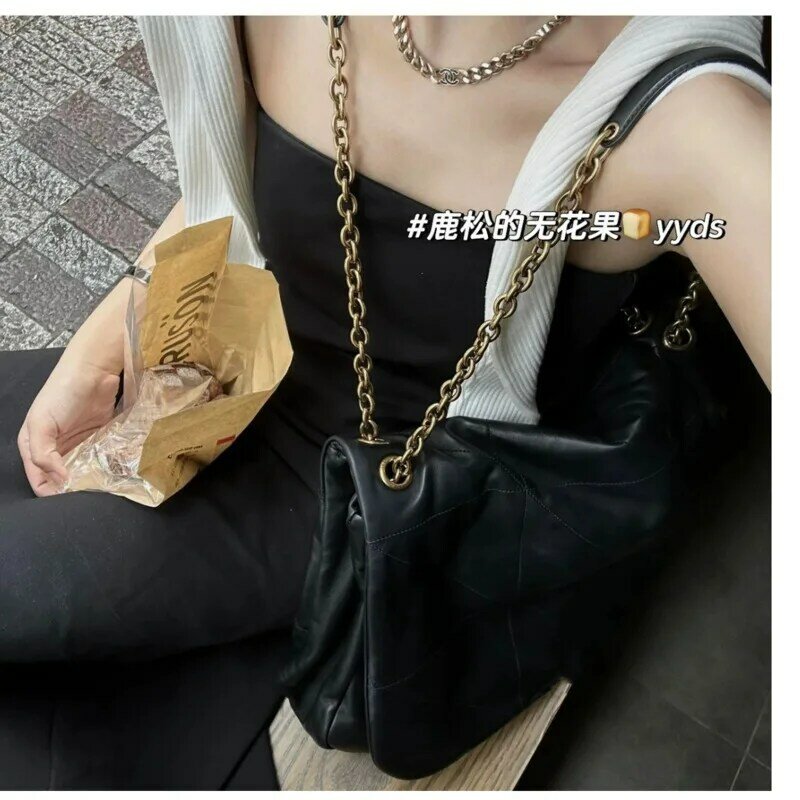 YS 2023 New Genuine Leather Dark Solid Color Plaid Sier Chain Single Shoulder Crossbody With Large CapaCity Stray Bag