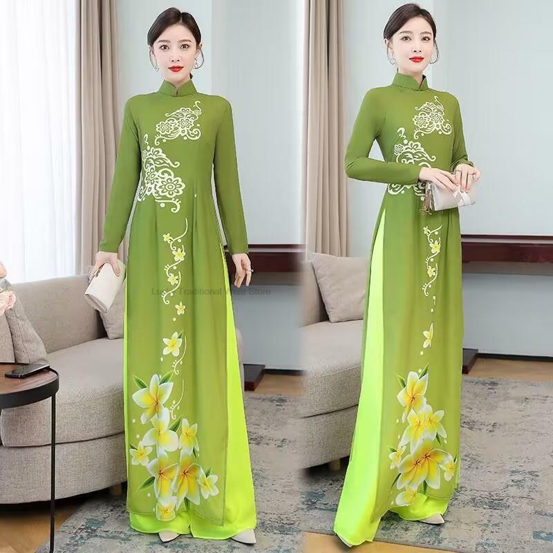 Vietnamese Aodai Dress For Women Traditional Chinese Style Vintage Elegant Qipao top+pants Sets Asian Chiffon Dress Qipao