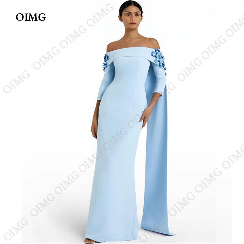 OIMG Elegant Sky Blue Off Shoulder Evening Dresses 3D Flowers Prom Gowns Satin Lace Formal Occasion Dress Party Dubai Women