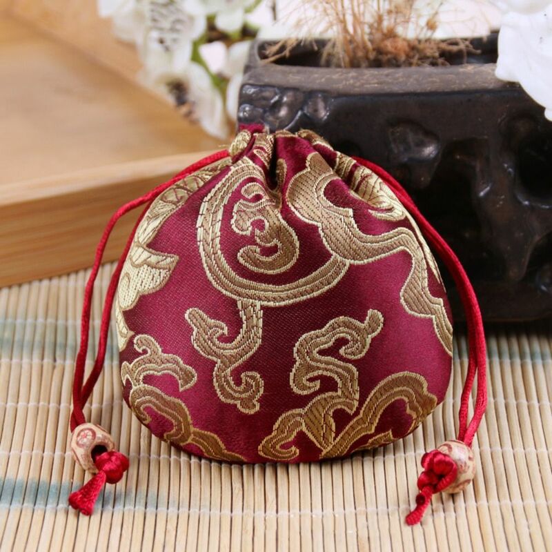 Chinese Style Embroidery Flower Drawstring Bag Beaded Floral Festive Sugar Bag Large Capacity Jewelry Packing Bag