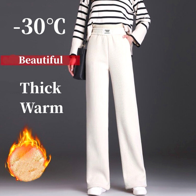 Celana panjang lurus wanita, bawahan bulu tebal kasual hangat di musim dingin untuk perempuan