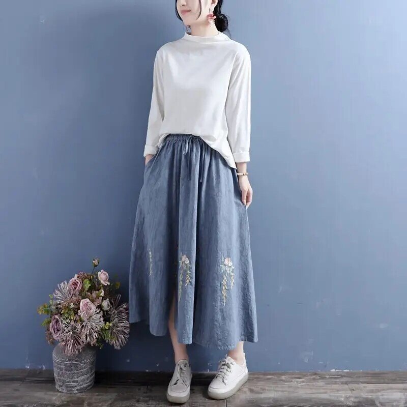 Faldas Vintage de lino y algodón para mujer, falda de estilo chino Retro con abertura bordada, cintura con cordón, línea A