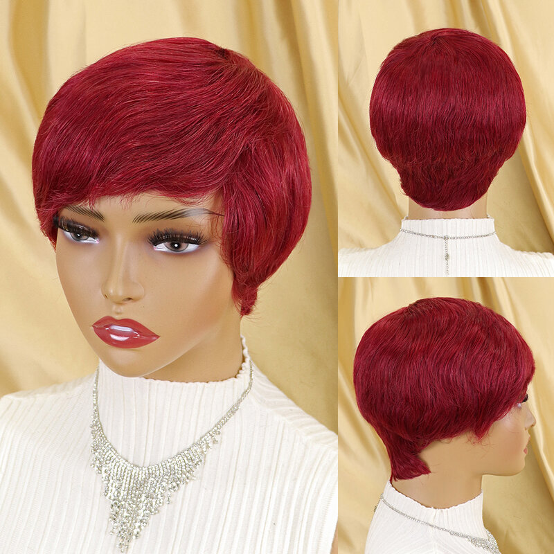 Pelucas de cabello humano liso con flequillo para mujeres negras, pelo corto Remy, Borgoña 99J, corte Pixie brasileño