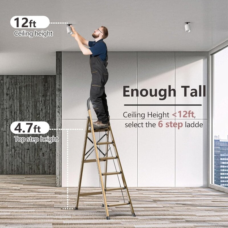 GameGem Lightweight Aluminum 6 Step Ladder for 12 Feet High Ceiling,Folding Step Stool Stepladders with Anti-Slip and Wide Pedal