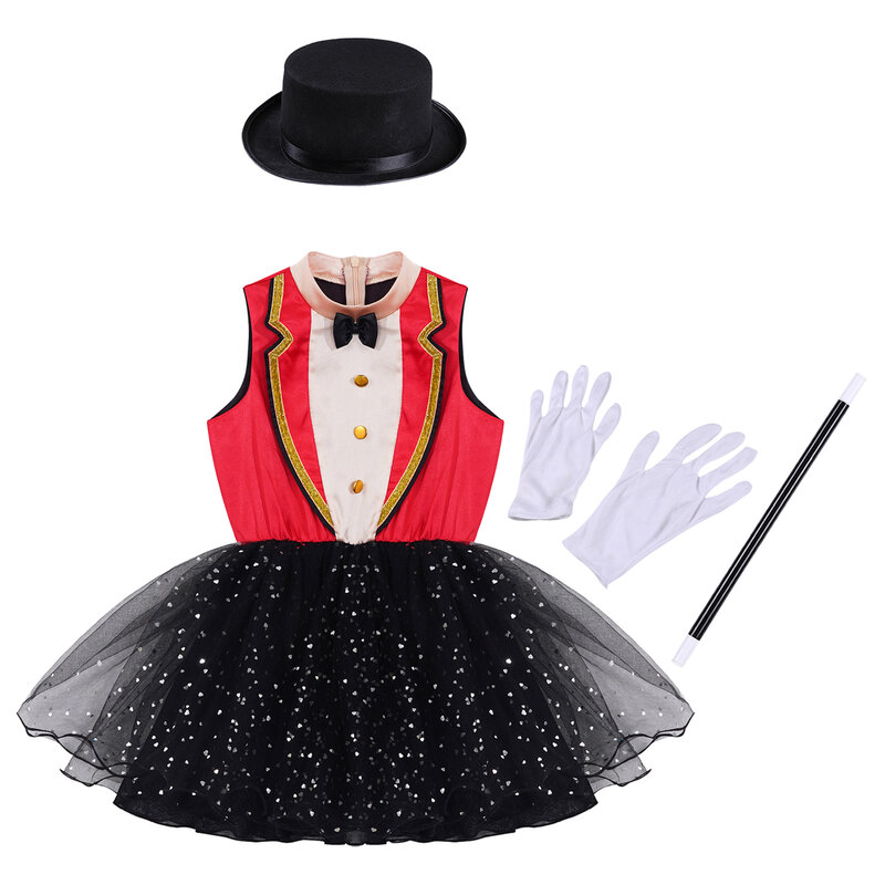 Conjunto de disfraz de circo para Halloween, vestido de tutú sin mangas con cuello simulado, cremallera trasera, sombrero, guantes de varita mágica