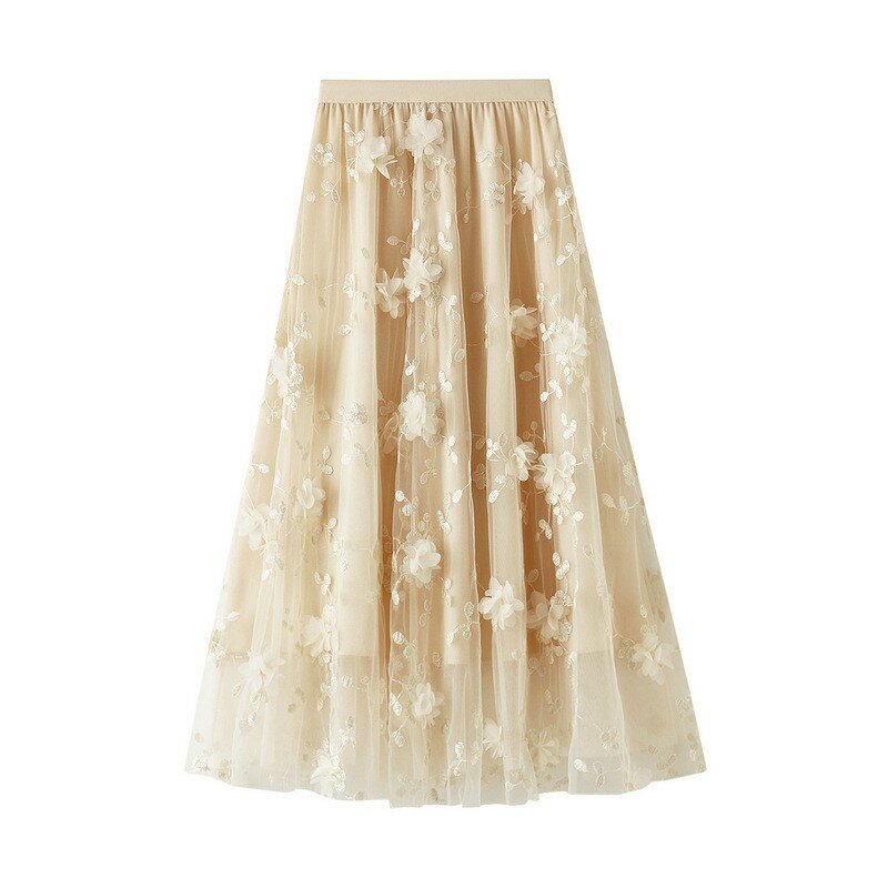 Gauze embroidery heavy industry skirt large size gauze skirt 2024 spring new a word literary high waist long skirt