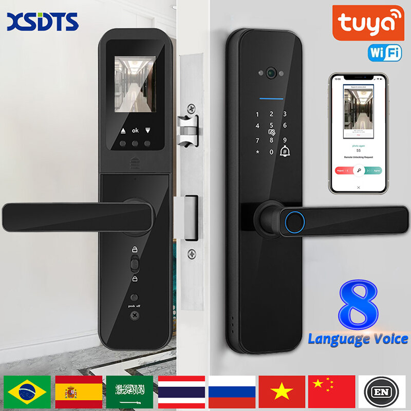 XSDTS-fechadura de porta eletrônica digital com câmera biométrica, Tuya, Wi-Fi, impressão digital, cartão inteligente, senha, desbloqueio com chave