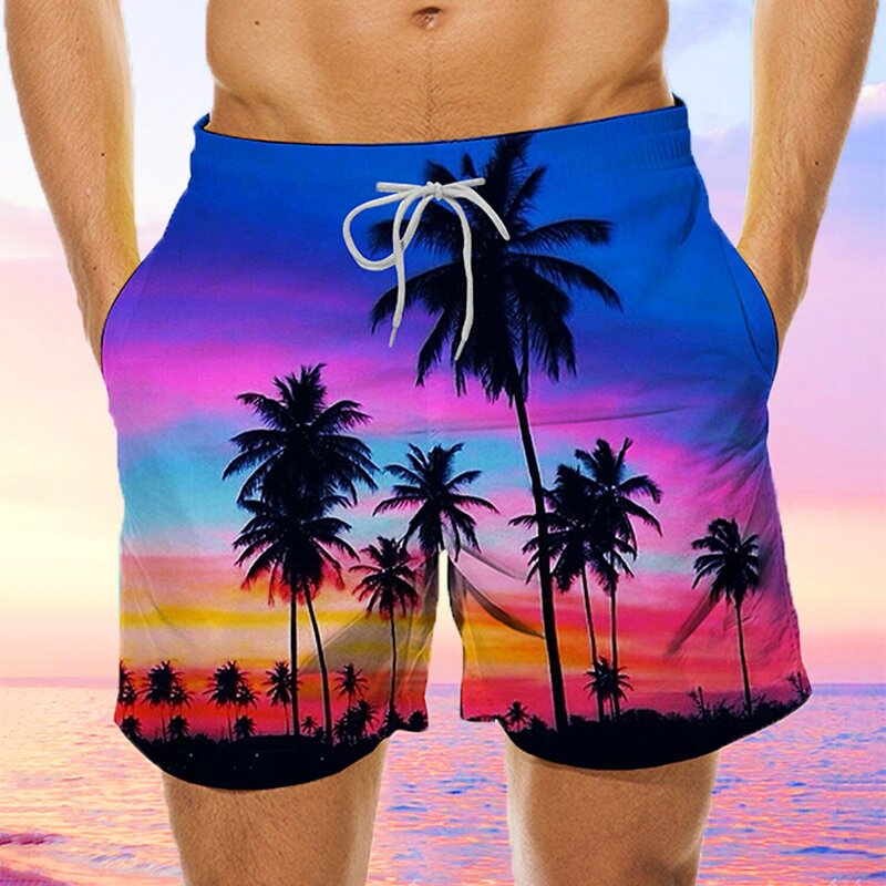 Pantalones cortos de baño de secado rápido para hombre, bañador Hawaiano de árbol de coco, traje de baño de playa impermeable, moda de verano