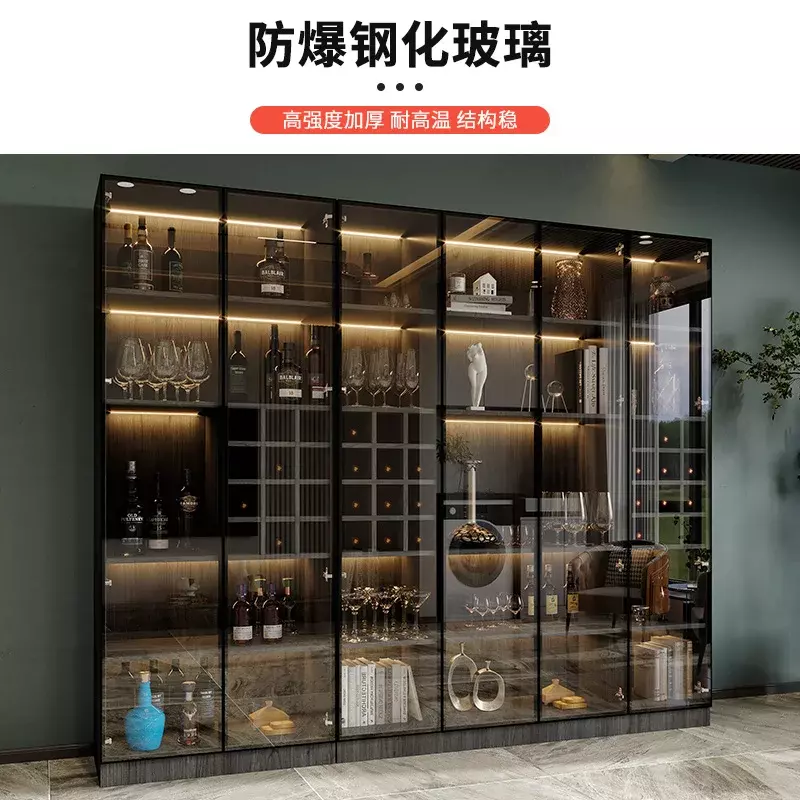 Large wine cabinet with glass door, light luxury display cabinet against the wall, solid wood sideboard, integrated living room