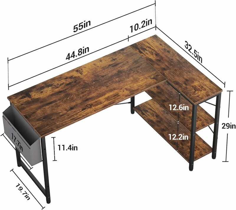 Homieasy โต๊ะคอมพิวเตอร์ขนาดเล็กรูปตัว L, โต๊ะมุม55นิ้วพร้อมชั้นเก็บของแบบพลิกกลับได้สำหรับสำนักงานบ้านเวิร์กสเตชัน